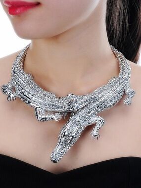 Crystal Crocodile Statement Choker Necklace Silver Rhinestone